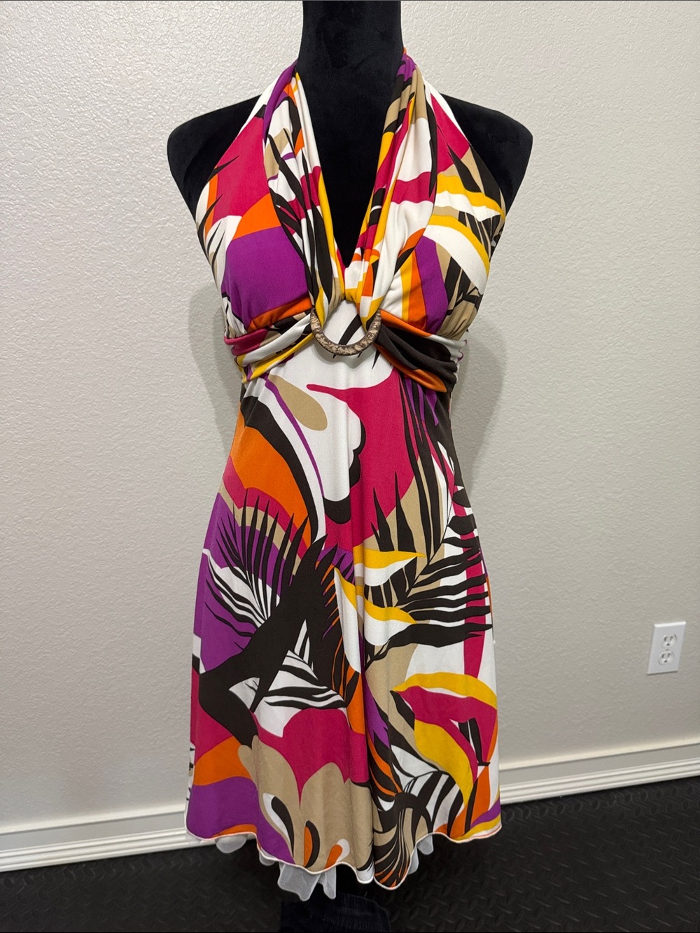 My Michelle Halter Dress in Fuchsia Multi Print with Ring Detail